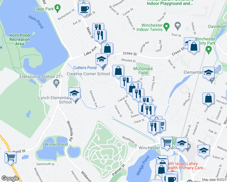 map of restaurants, bars, coffee shops, grocery stores, and more near 87 Hemingway Street in Winchester