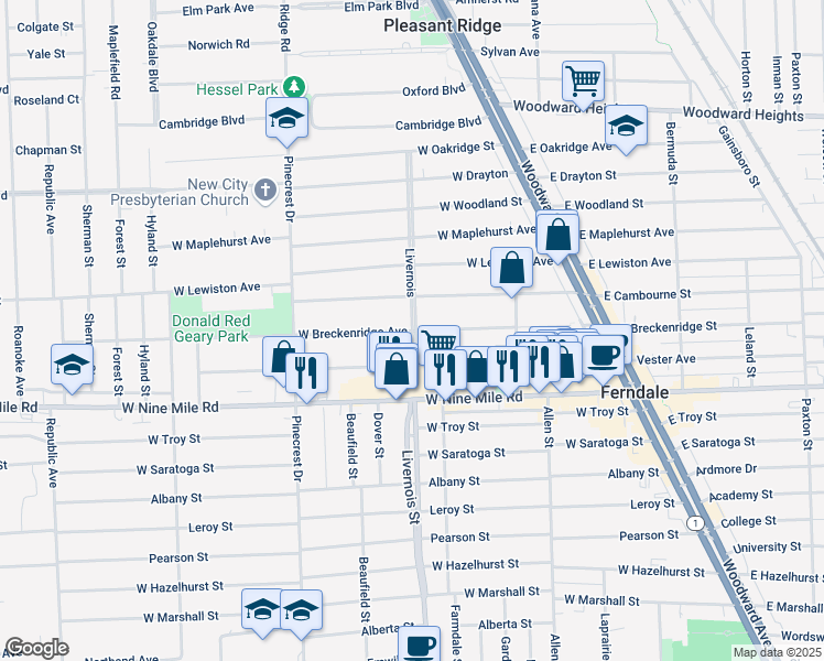 map of restaurants, bars, coffee shops, grocery stores, and more near 619 West Breckenridge Street in Ferndale