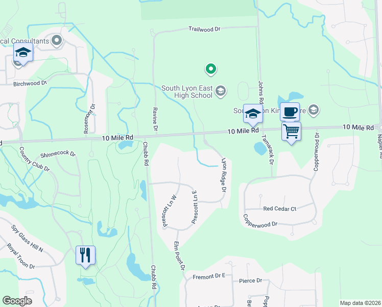 map of restaurants, bars, coffee shops, grocery stores, and more near 52797 10 Mile Road in South Lyon