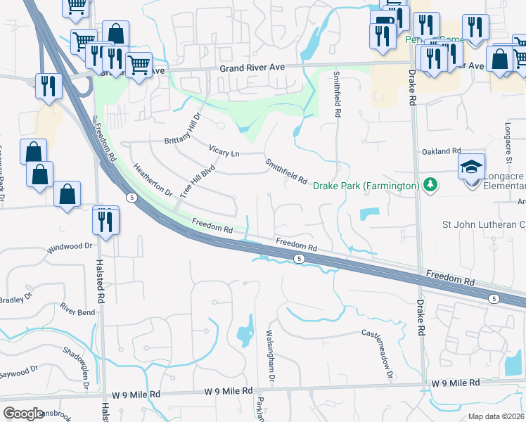 map of restaurants, bars, coffee shops, grocery stores, and more near 23339 Hillview Court in Farmington