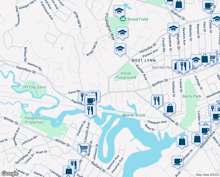 map of restaurants, bars, coffee shops, grocery stores, and more near 9 Winnepurkit Avenue in Lynn