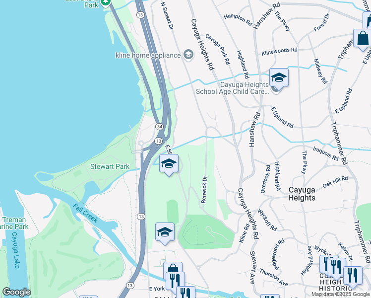 map of restaurants, bars, coffee shops, grocery stores, and more near 19 Renwick Pl in Ithaca