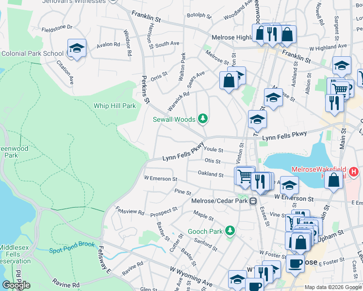 map of restaurants, bars, coffee shops, grocery stores, and more near 98 Lynn Fells Parkway in Melrose