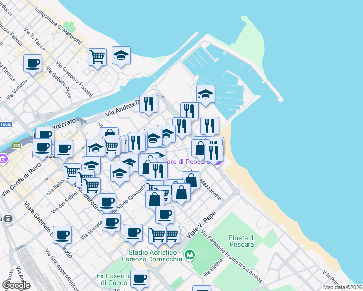 map of restaurants, bars, coffee shops, grocery stores, and more near 192 Viale Amerigo Vespucci in Pescara