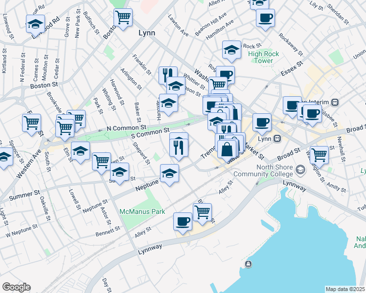 map of restaurants, bars, coffee shops, grocery stores, and more near 25 Pleasant Street in Lynn