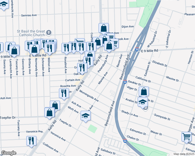 map of restaurants, bars, coffee shops, grocery stores, and more near 22265 Marine Avenue in Eastpointe