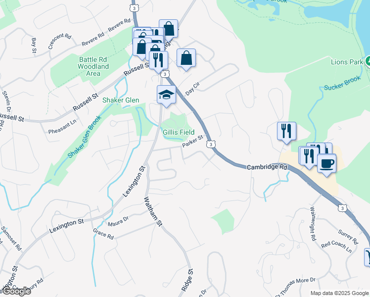 map of restaurants, bars, coffee shops, grocery stores, and more near 10 Parker Street in Woburn
