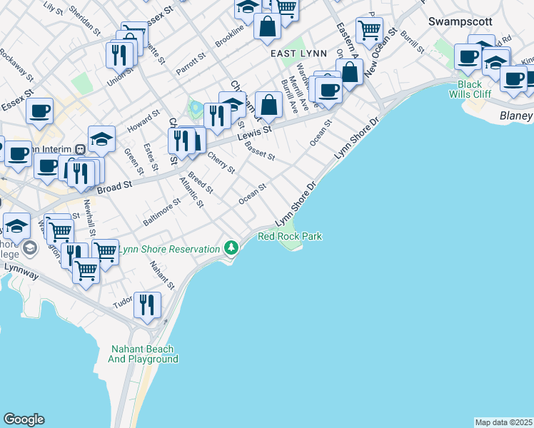 map of restaurants, bars, coffee shops, grocery stores, and more near 193 Lynn Shore Drive in Lynn