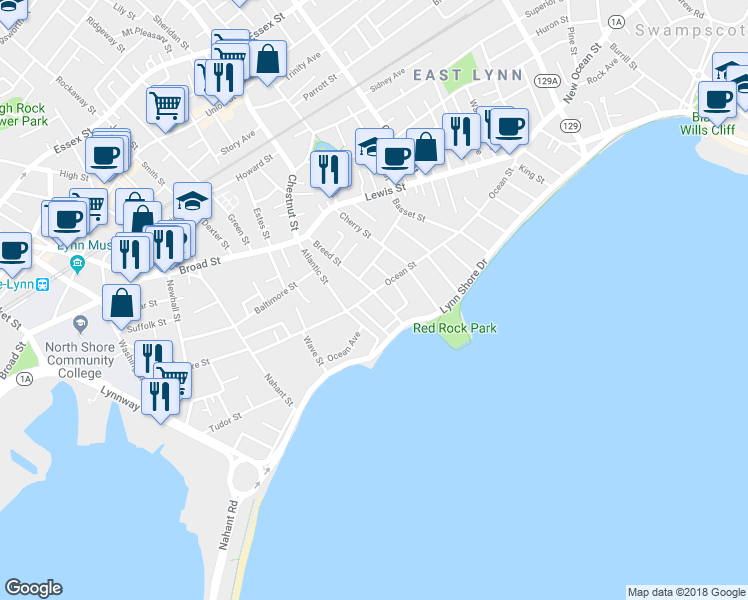 map of restaurants, bars, coffee shops, grocery stores, and more near 212 Ocean Street in Lynn