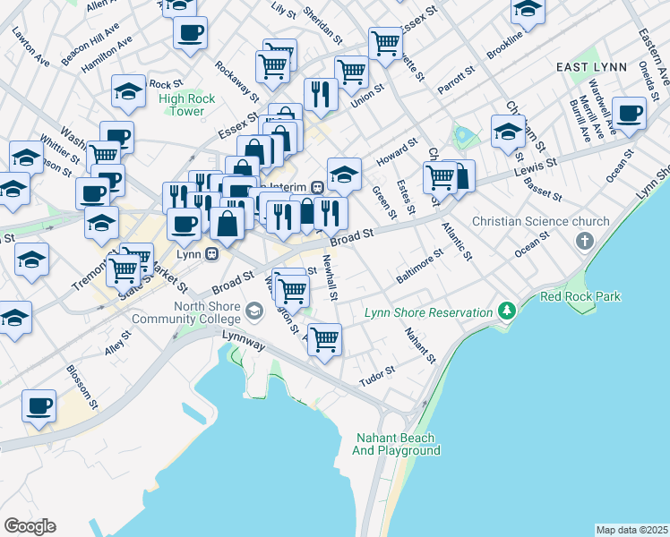 map of restaurants, bars, coffee shops, grocery stores, and more near 30 Newhall Street in Lynn