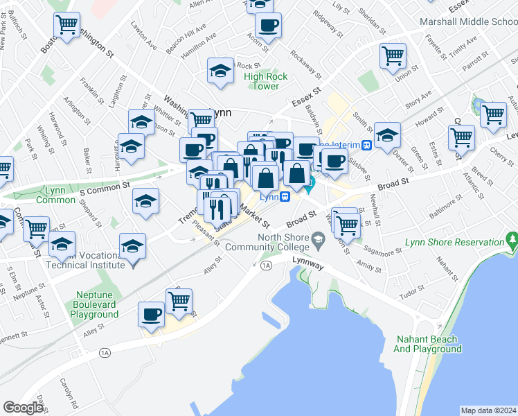map of restaurants, bars, coffee shops, grocery stores, and more near 180 Market Street in Lynn
