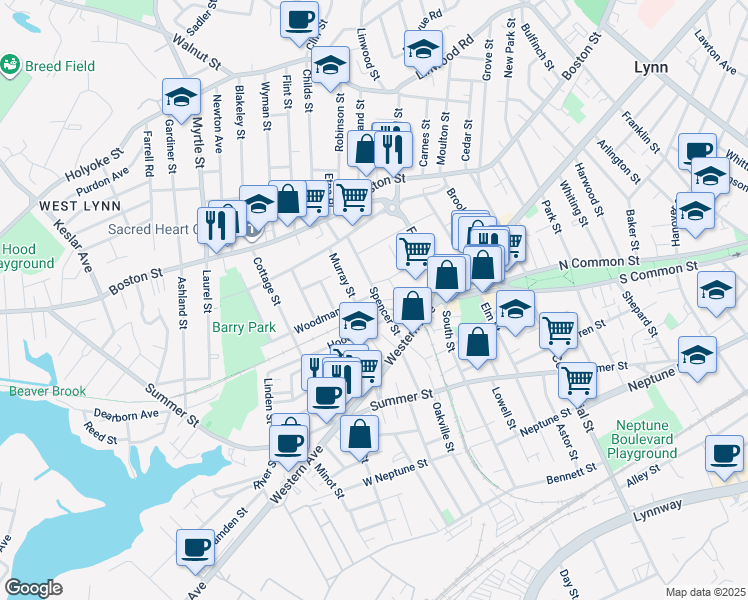 map of restaurants, bars, coffee shops, grocery stores, and more near 2 Murray Street in Lynn