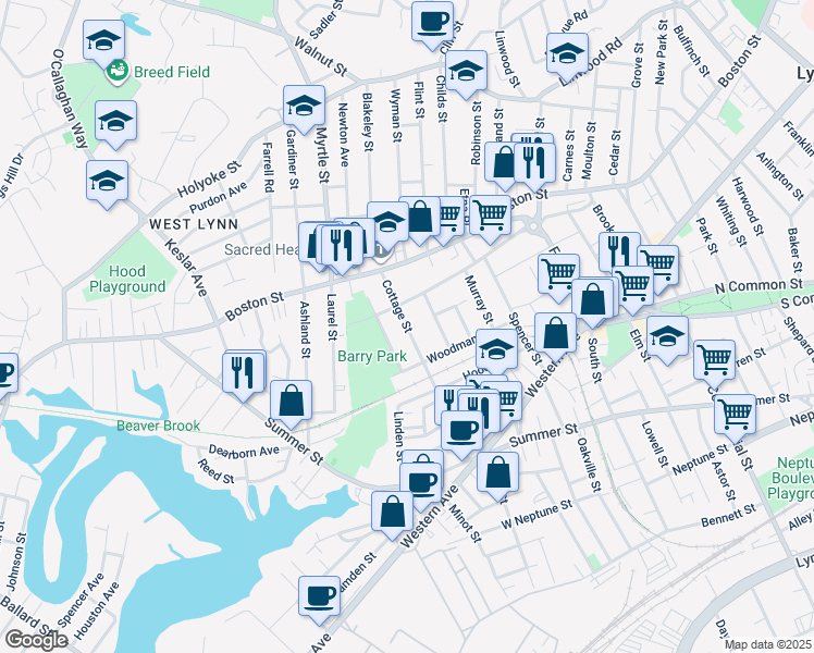 map of restaurants, bars, coffee shops, grocery stores, and more near 95 Cottage Street in Lynn