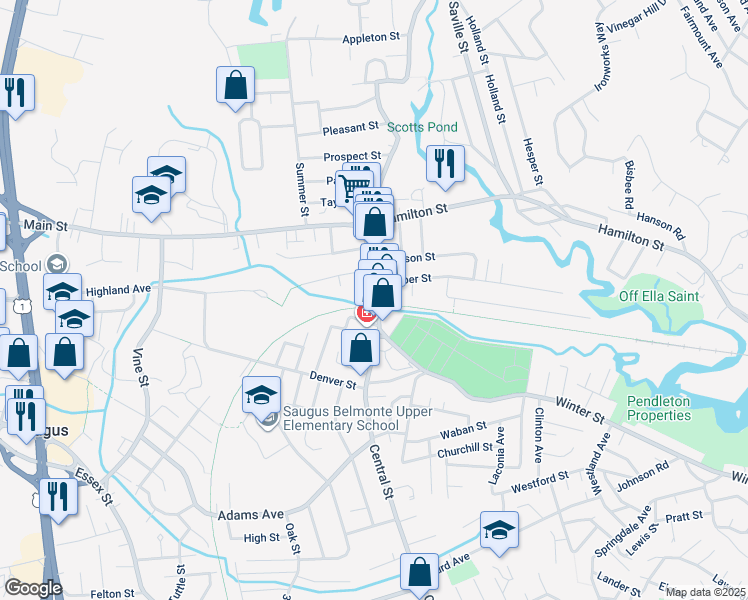 map of restaurants, bars, coffee shops, grocery stores, and more near 7 Centennial Avenue in Saugus
