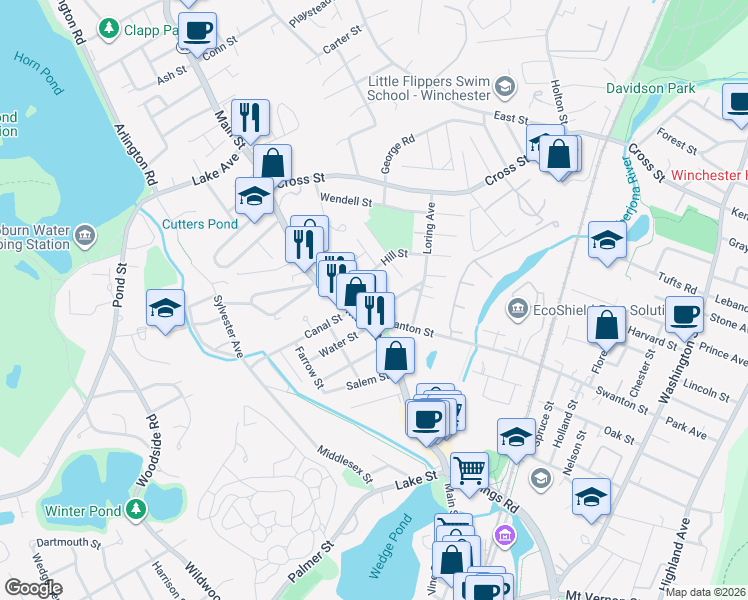 map of restaurants, bars, coffee shops, grocery stores, and more near 893 Main Street in Winchester