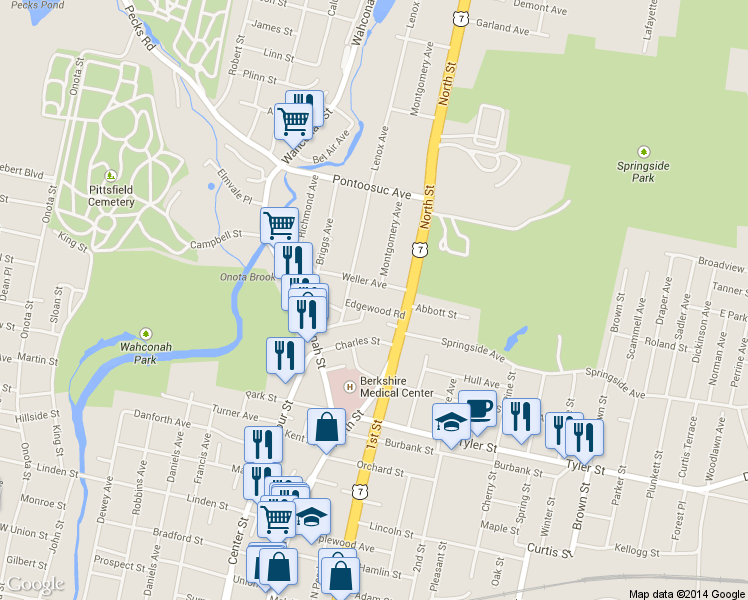 map of restaurants, bars, coffee shops, grocery stores, and more near 20 Edgewood Road in Pittsfield