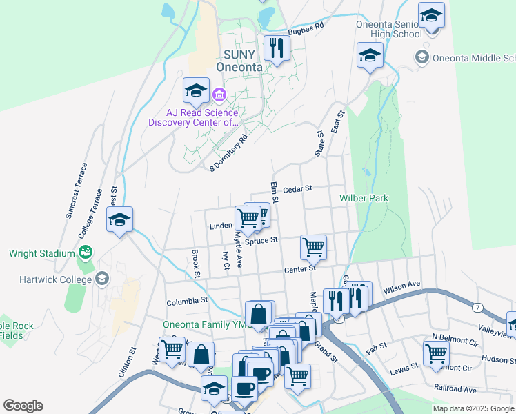 map of restaurants, bars, coffee shops, grocery stores, and more near 31 Linden Avenue in Oneonta
