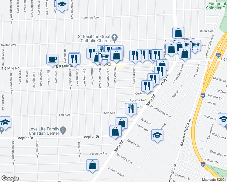 map of restaurants, bars, coffee shops, grocery stores, and more near 22157 Wilmot Avenue in Eastpointe