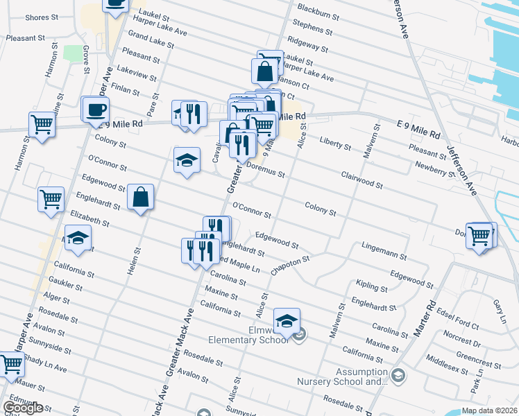 map of restaurants, bars, coffee shops, grocery stores, and more near 22410 O'Connor Street in St. Clair Shores