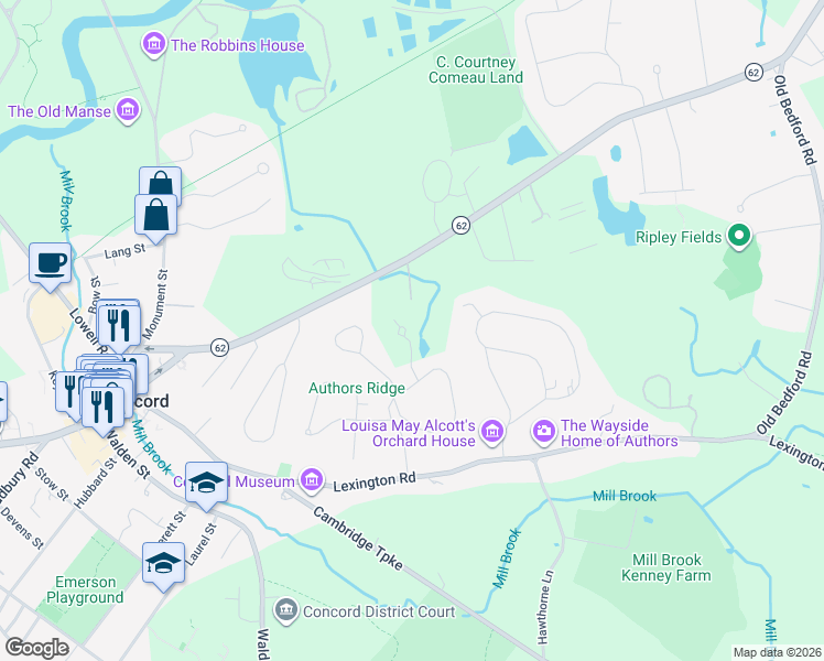 map of restaurants, bars, coffee shops, grocery stores, and more near 1 Wayside Road in Concord