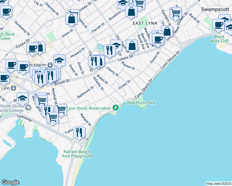 map of restaurants, bars, coffee shops, grocery stores, and more near 212 Ocean Street in Lynn