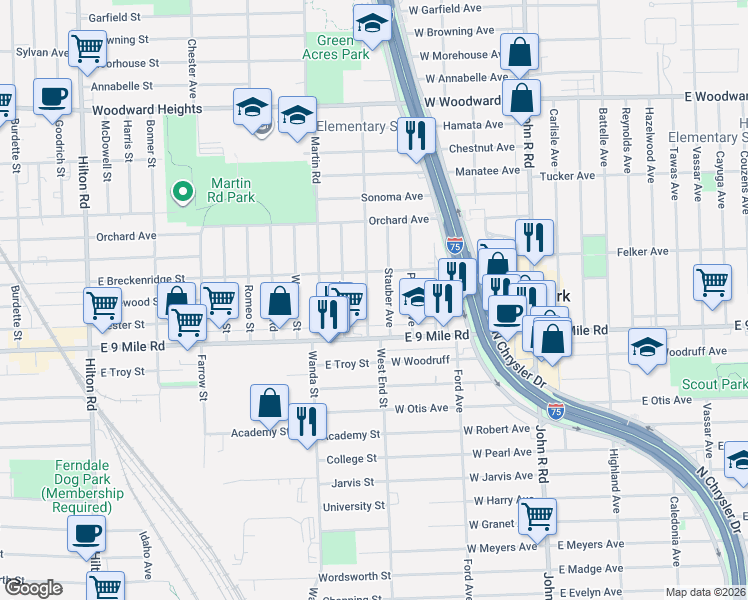 map of restaurants, bars, coffee shops, grocery stores, and more near 23045 Stauber Avenue in Hazel Park