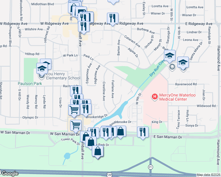 map of restaurants, bars, coffee shops, grocery stores, and more near 2753 Fairlane Avenue in Waterloo