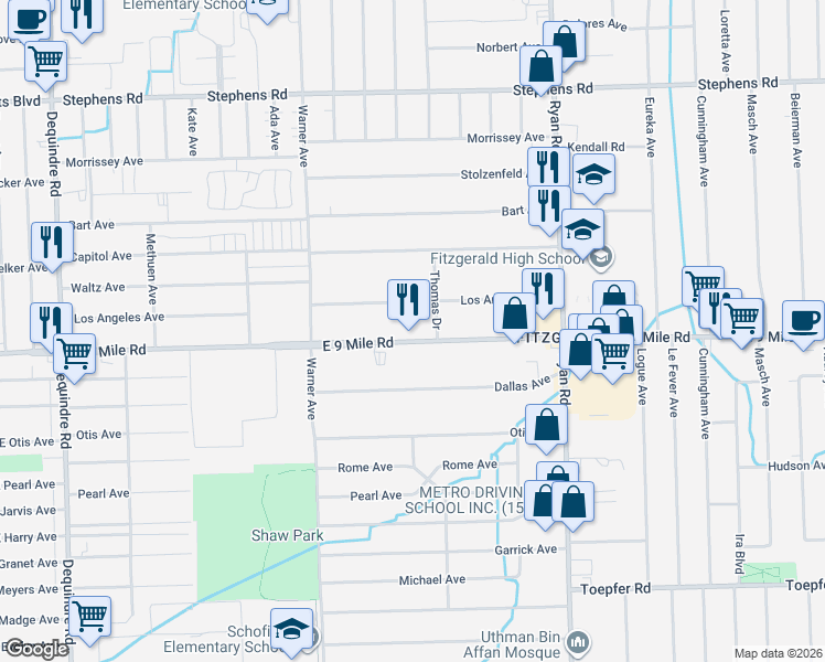 map of restaurants, bars, coffee shops, grocery stores, and more near 3535 East 9 Mile Road in Warren