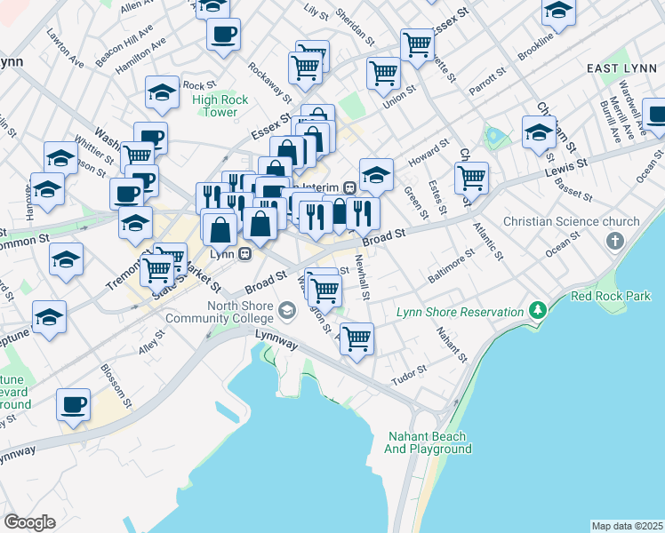 map of restaurants, bars, coffee shops, grocery stores, and more near 24 Farrar Street in Lynn