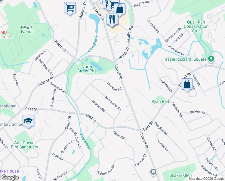 map of restaurants, bars, coffee shops, grocery stores, and more near 25 Thoreau Road in Lexington