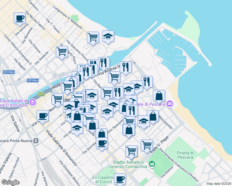 map of restaurants, bars, coffee shops, grocery stores, and more near 21 Via Francesco Caracciolo in Pescara
