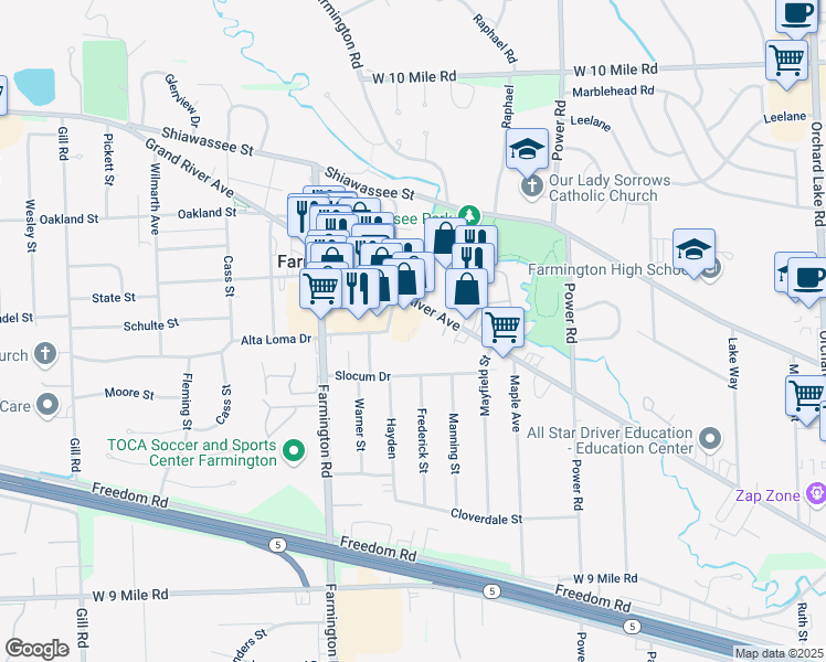 map of restaurants, bars, coffee shops, grocery stores, and more near 33019 Grand River Avenue in Farmington