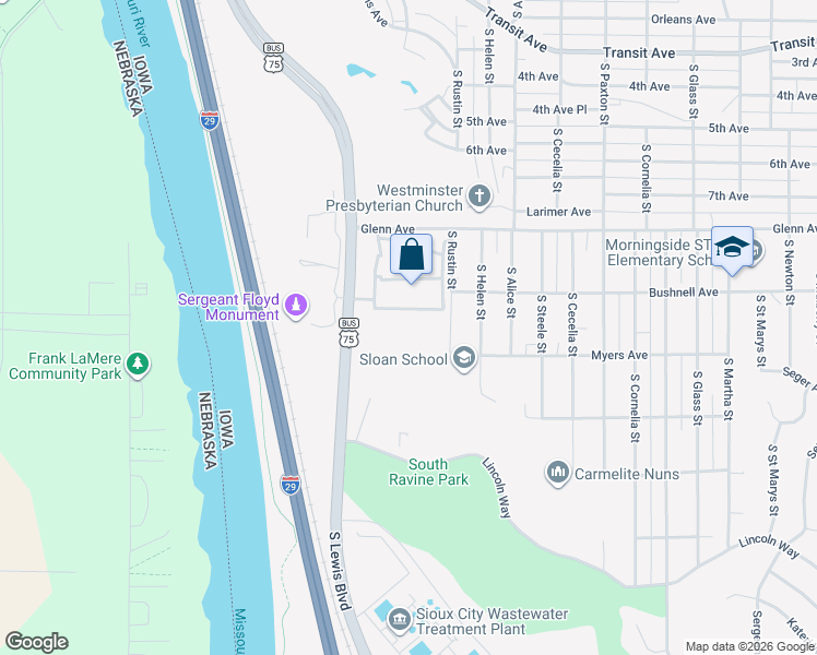 map of restaurants, bars, coffee shops, grocery stores, and more near 2627 South Rustin Street in Sioux City