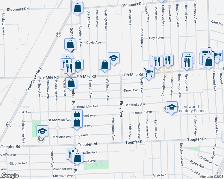 map of restaurants, bars, coffee shops, grocery stores, and more near 14027 Knox Avenue in Warren