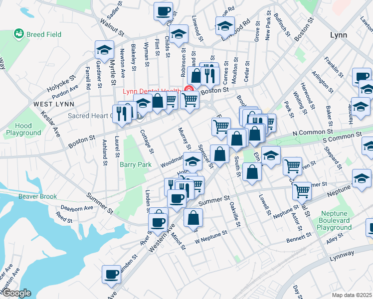 map of restaurants, bars, coffee shops, grocery stores, and more near 2 Murray Street in Lynn