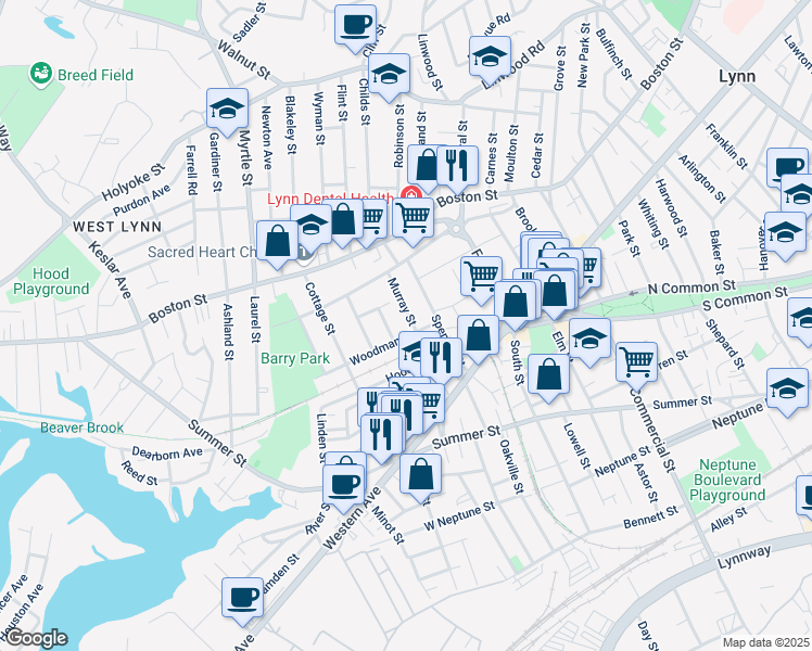 map of restaurants, bars, coffee shops, grocery stores, and more near 2 Murray Street in Lynn