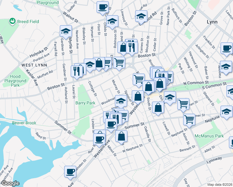 map of restaurants, bars, coffee shops, grocery stores, and more near 2 Murray Street in Lynn
