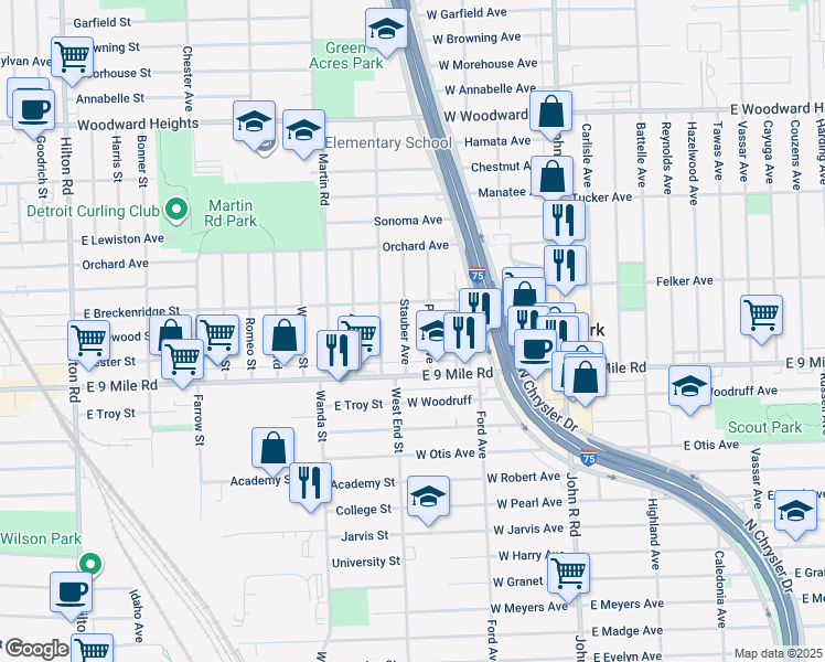 map of restaurants, bars, coffee shops, grocery stores, and more near 23045 Stauber Avenue in Hazel Park