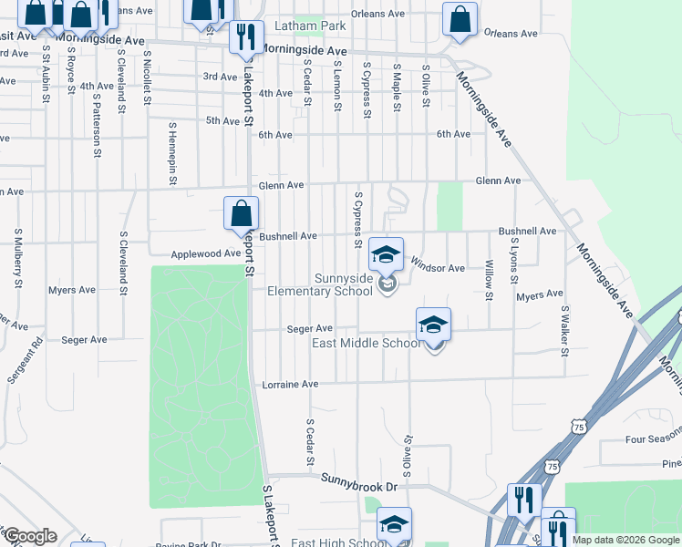 map of restaurants, bars, coffee shops, grocery stores, and more near 5000-5046 Myers Avenue in Sioux City