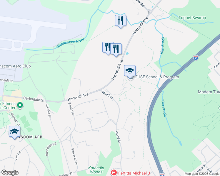 map of restaurants, bars, coffee shops, grocery stores, and more near 104 Katahdin Drive in Lexington