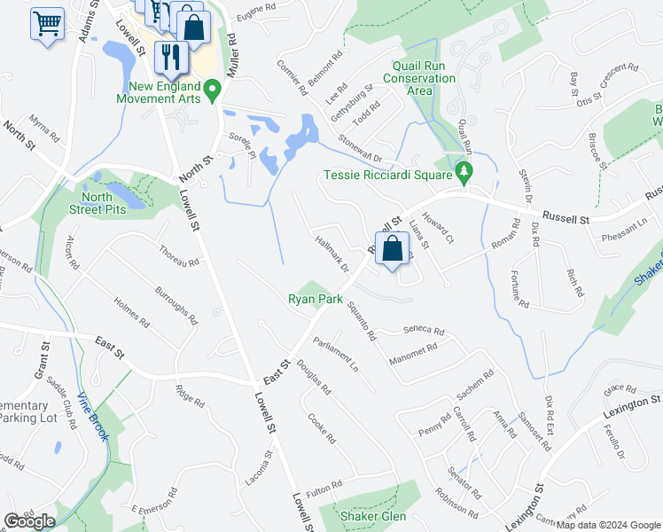 map of restaurants, bars, coffee shops, grocery stores, and more near 4 Hallmark Drive in Woburn