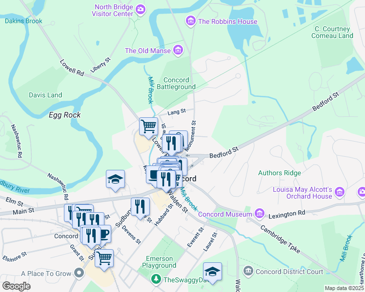 map of restaurants, bars, coffee shops, grocery stores, and more near 21 Monument Street in Concord