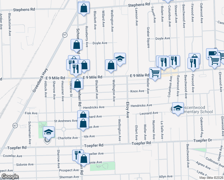 map of restaurants, bars, coffee shops, grocery stores, and more near 13983 Knox Avenue in Warren