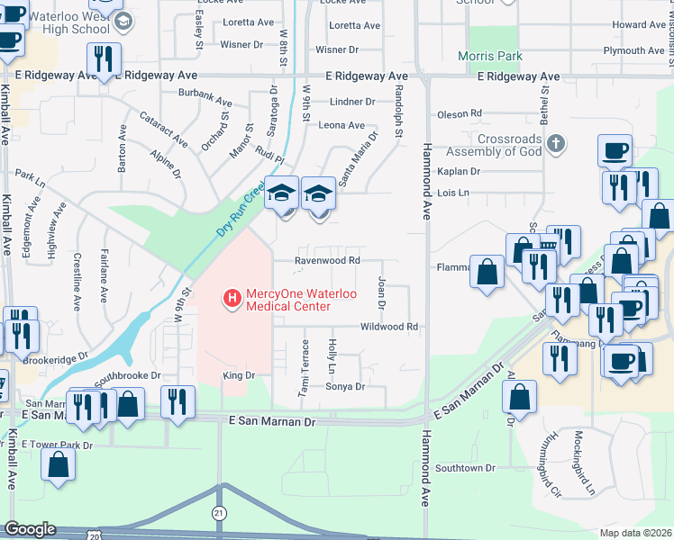 map of restaurants, bars, coffee shops, grocery stores, and more near 3615 Ravenwood Circle in Waterloo