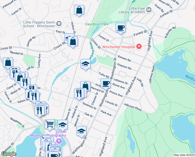 map of restaurants, bars, coffee shops, grocery stores, and more near 8 Bates Road in Winchester