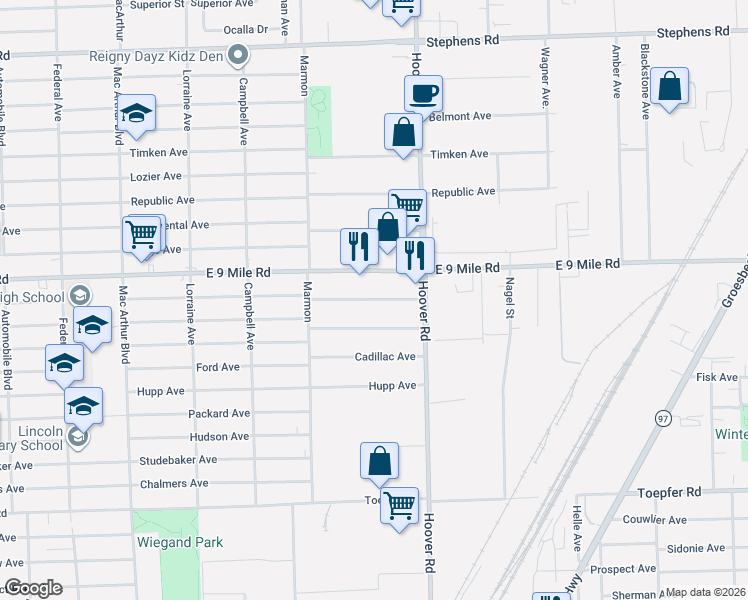 map of restaurants, bars, coffee shops, grocery stores, and more near 11492 Dodge Avenue in Warren