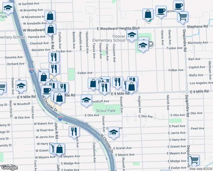 map of restaurants, bars, coffee shops, grocery stores, and more near 23032 Cayuga Avenue in Hazel Park