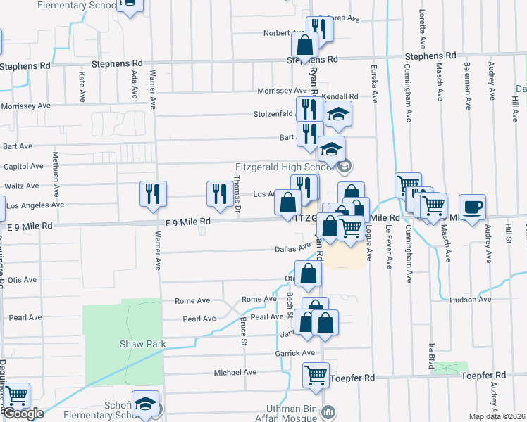 map of restaurants, bars, coffee shops, grocery stores, and more near 3650 East 9 Mile Road in Warren