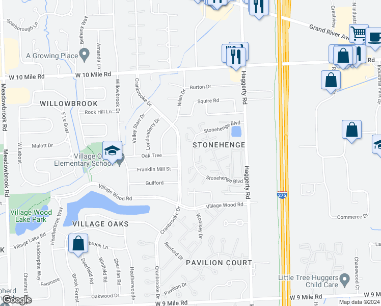 map of restaurants, bars, coffee shops, grocery stores, and more near 23603 Stonehenge Boulevard in Novi