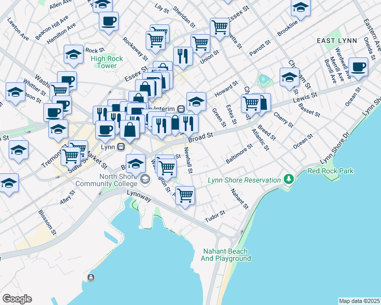 map of restaurants, bars, coffee shops, grocery stores, and more near 30 Newhall Street in Lynn